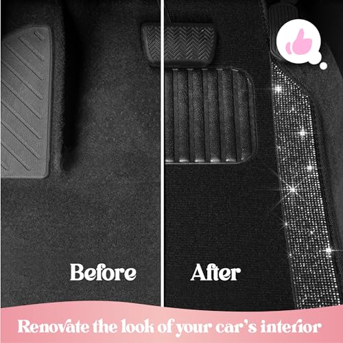 Carbella Diamond Bling Car Mats 4-Piece Set, Shiny Rhinestone Crystal Carpet Car Floor Mats, Two-Tone Floor Mats for Cars, Cute Automotive Interior Car Accessories for Women (Black)