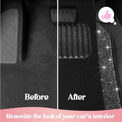 Carbella Diamond Bling Car Mats 4-Piece Set, Shiny Rhinestone Crystal Carpet Car Floor Mats, Two-Tone Floor Mats for Cars, Cute Automotive Interior Car Accessories for Women (Black)