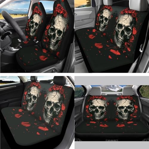 Skull Rose Printed 15 Pcs Car Interior Covers Set, Car Accessories Set Front Rear Car Seat Covers with Steering Wheel Cover Seat Belt Covers Car Headrest Cover Car Coaster - color: Black and Red-Skull Rose