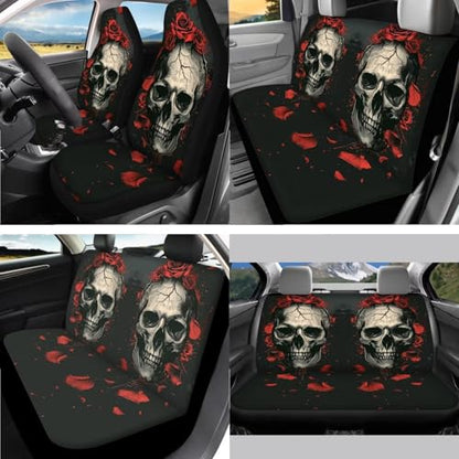 Skull Rose Printed 15 Pcs Car Interior Covers Set, Car Accessories Set Front Rear Car Seat Covers with Steering Wheel Cover Seat Belt Covers Car Headrest Cover Car Coaster - color: Black and Red-Skull Rose