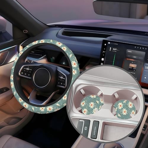 White Daisy Steering Wheel Cover with 2 Pcs Car Coasters Neoprene Steering Wheel Cover for Women Men Anti-Slip Breathable Car Accessories Universal 15 Inch Fit Auto Cars Trucks - color: White Daisy
