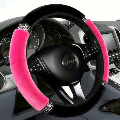 Fluffy Steering Wheel Cover, Universal 15 Inch Colorful Rhinestones Car Steering Wheel Cover, Sparkly Crystal Diamond Steering Wheel Protector for Women Girls,Rose Red - color: Rose Red