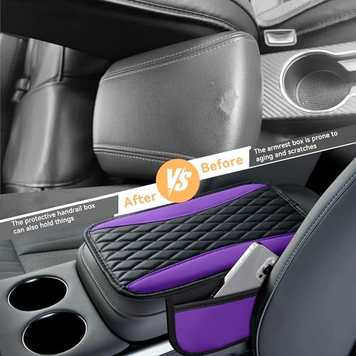 Patchwork Leather Car Center Console Cover,Microfiber Leather Vehicle Armrest Protector Cushion with 2 Storage Bags,Universal Cars Armrest Cushion for SUV, Sedan, Truck (Purple)
