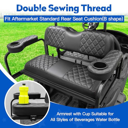 Golf Cart Seat Covers for Club Car Precedent, Vinyl Front&Rear Seat Cover with Flip-Up Armrests kit, with Cup Holder, for 1" Square Tube (Black&Black Stitching)
