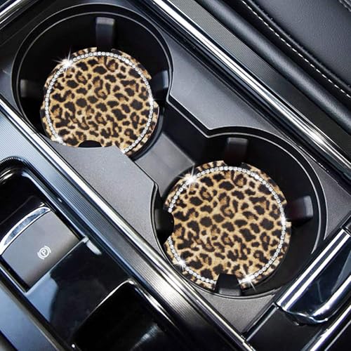 Leopard Car Coasters for Cup Holders, 4 Pack Silicone Cheetah Car Cup Holder Insert Coasters, 2.75" Universal Non-Slip Cup Holder Coaster, Car Interior Accessories for Women (Yellow)