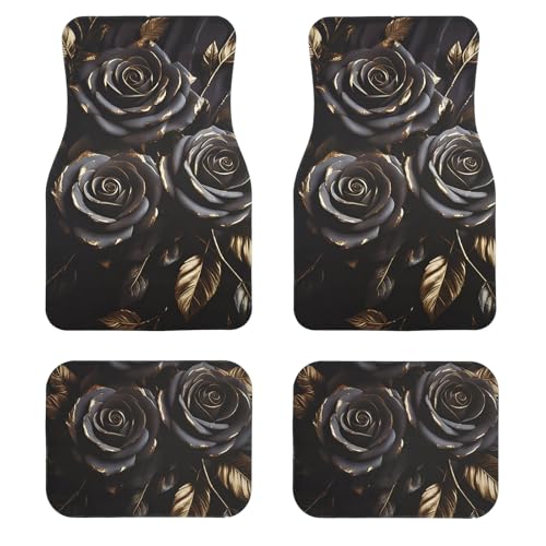 Universal Fit Car Floor Mats-Tech Cloth with Elegant Patterns, Gilded Black Roses,Anti-Slip Rubber Bottom, Front (26.8x17.3in) & Rear (13x17.3in) Set,4PCS, Water-Resistant & Simple to Clean