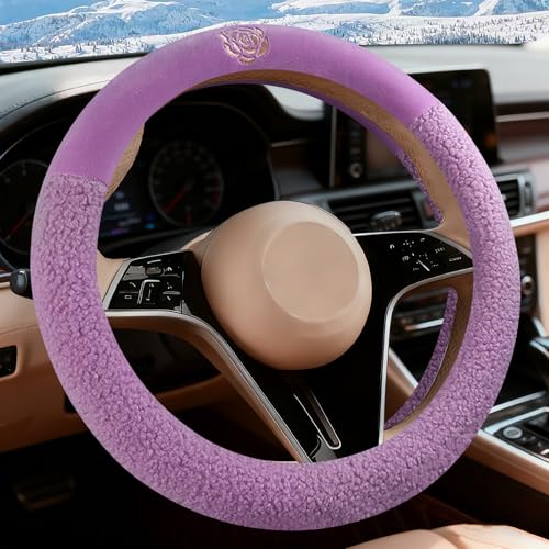 Purple Camellia Lambswool Steering Wheel Cover, for Universal Auto Steering Wheel 14.5-15 in, Lambswool Fabric, Anti-Slip, Soft Plush, Comforting and Luxurious, Embroidery Patterns, Soft Texture - color: Purple