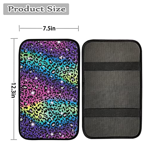 UNICEU Glitter Rainbow Leopard Car Accessories Center Console Armrest Cushion Cover Universal for Most Cars, Trucks SUV Neoprene Auto Armrest Protector Cover - color: Glitter Rainbow Leopard