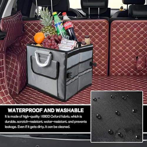 Car Trunk Organizer with Lid, 28L 2-Compartment Collapsible Trunk Cargo Storage Box, Waterproof Oxford Vehicle Backseat Storage Organizer with Base Plate & Metal Handle, Car Accessories (Gray)