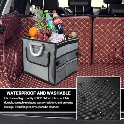 Car Trunk Organizer with Lid, 28L 2-Compartment Collapsible Trunk Cargo Storage Box, Waterproof Oxford Vehicle Backseat Storage Organizer with Base Plate & Metal Handle, Car Accessories (Gray)