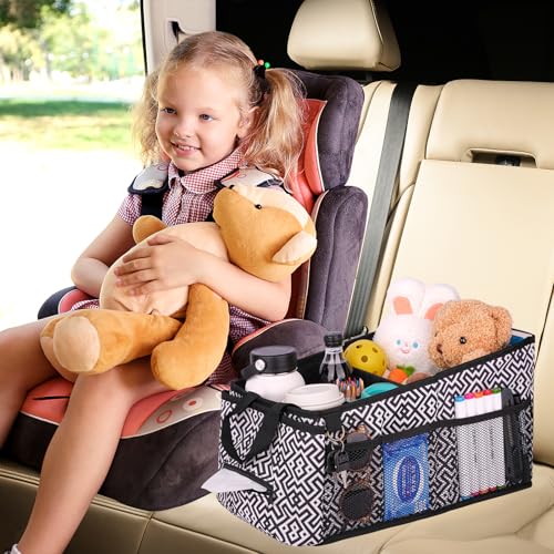 HEYSKAY Car Seat Organizer-Passenger Seat Organizer, Collapsible Small Car Seat Organizer for Console Front/Back, Car Caddy with 4pc Drink Holders Automotive Backseat Organizer for Kids - color: Black&White Check