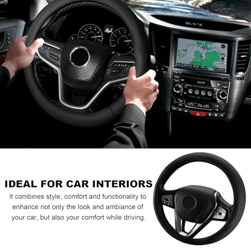 Leather Steering Wheel Cover, 15 Inch Soft Breathable Car Wheel Cover with Anti-Slip Lining, Universal Comfortable Steering Wheel Protector for Most Cars Trucks SUVs (Black) - color: Black