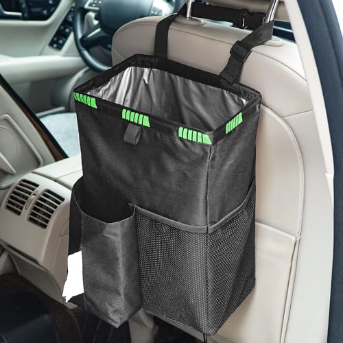 Car Trash Can Bin, 3.5 Gallons Car Garbage Can, Foldable Car Trash Bag Hanging with Storage Pockets,Waterproof Car Trash Bin,Leakproof Car Organizers and Storage Accessories for Auto Outdoor Camping - color: Black-Green