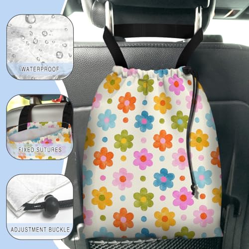 Car Trash Bag Hanging Back of Seat Waterproof Small Cute Printed One-Handed Strap Drawstring Garbage Bags for Car-Flower - color: Flower Car Trash Bag
