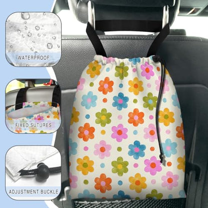 Car Trash Bag Hanging Back of Seat Waterproof Small Cute Printed One-Handed Strap Drawstring Garbage Bags for Car-Flower - color: Flower Car Trash Bag