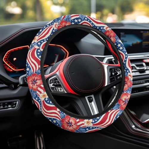 AFPANQZ American Flag Tropical Flowers Print Steering Wheel Cover for Women, Sweat Absorbing Non-Slip Steering Wheel Protection Case Elastic Flexible Universal 14 to 15 inch - color: American Flag Tropical Flowers Print