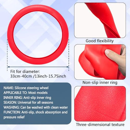 Car Steering Wheel Cover, 13 to 14.17 inches Non-Slip Silicone Steering Wheel Protector, Car Accessories Thin Soft Leather Texture Steering Wheel Protective Cover for Most Cars (Red) - color: Red