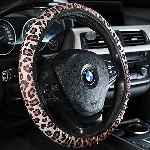 4 Pieces Leopard Cheetah Print Steering Wheel Cover Set with Car Cup Holder & Quarter Keyring, Universal Fit 14-15.5 inches, Leopard Cheetah Print Car Accessories Set - color: Leopard