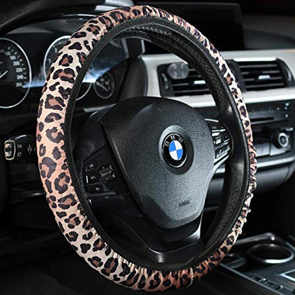 4 Pieces Leopard Cheetah Print Steering Wheel Cover Set with Car Cup Holder & Quarter Keyring, Universal Fit 14-15.5 inches, Leopard Cheetah Print Car Accessories Set - color: Leopard