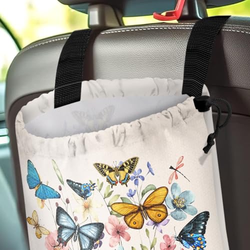 Car Trash Bag Hanging Back of Seat Waterproof Small Cute Printed One-Handed Strap Drawstring Garbage Bags for Car-Butterfly Wildflower - color: Butterfly Wildflower Car Trash Bag