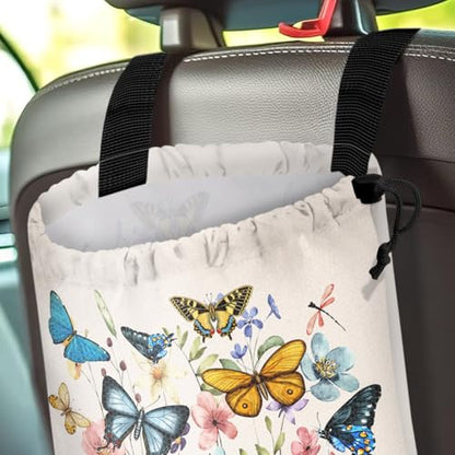 Car Trash Bag Hanging Back of Seat Waterproof Small Cute Printed One-Handed Strap Drawstring Garbage Bags for Car-Butterfly Wildflower - color: Butterfly Wildflower Car Trash Bag