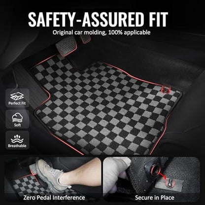 IKON MOTORSPORTS Loop Pile Tufted Car Floor Mats, Compatible with 1990-1997 Mazda Miata MX5 2-Door 2DR, Checkered Grey Black Plaid, All Weather Anti-Slip 2PCS Set Car Protector Carpets