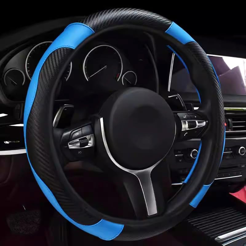 Ultra Fine Carbon Fiber Leather Steering Wheel Cover, Anti Slip and Sun Protective Protect The Steering Wheel, Easy to Install,Universal of 14.5"-15" (Blue) - color: Blue