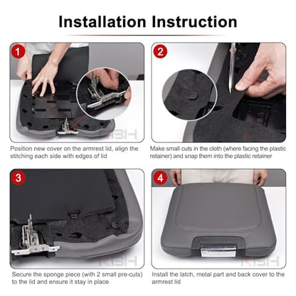KBH Center Console Armrest Cover Replacement for 2013-2018 Ram 1500, 2013-2025 Ram 1500 Classic/2500/3500, 40/20/40 Jump Seat, Vinyl Leather, Anti-Scratch, Gray