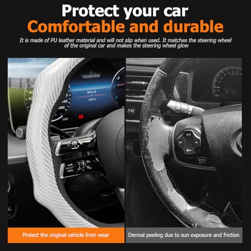 Zpana Carbon Fiber Car Steering Wheel Cover, Leather Non-Slip Vehicle Steering Wheel Cover for 14.5-15 Inch, Comfortable Auto Interior Protector Decoration Accessories, Universal Fit(White)