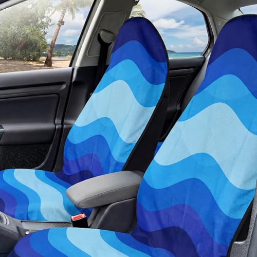 2 Pack Car Seat Towel Covers, Sweat Protector for Front Seats, Premium Thickened Microfiber with Elastic Strap, Breathable & Quick Dry, Machine Washable Cover for Gym Running Universal Fit Waves - color: Blue Waves