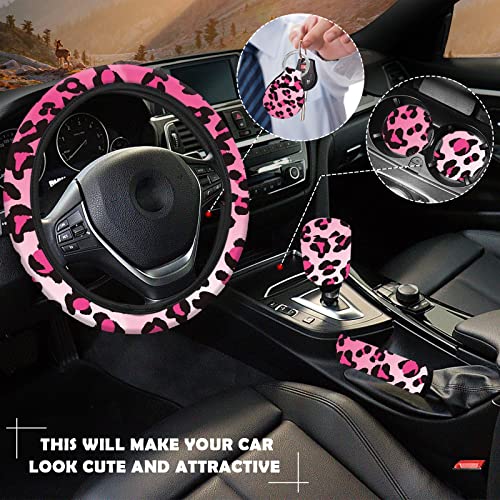 10 Pieces Leopard Print Printing Car Steering Wheel Cover Center Console Armrest Pad Headrest Seat Belt Cover Handbrake Cover Keychain Coaster Full Set Car SUV(Pink) - color: Pink