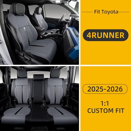 Custom Fit Seat Covers for 2025-2027 Toyota 4Runner (5-Seater), Waterproof Faux Leather Full Set, Full Coverage Protectors for SR5/TRD Off-Road/Sport/Limited/Trailhunter - Black+Grey