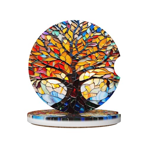 Tree of Life Glass Art Car Cup Holder Coasters 2 Pack Universal 2.63 Inch Anti Slip Ceramic Absorbent Coaster with Cork Base and Finger Notch Cute Car Accessories Interior for Women - color: Multicolor