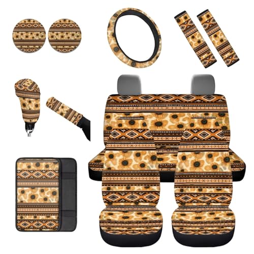 Dreaweet Aztec Sunflower Seat Covers Full Set for Women with Steering Wheel Cover/Center Console Cover/Seatbelt Cover/Car Coasters/Gear Shift Handbrake Cover,Universal Car Accessories for SUV Trucks - color: Aztec Sunflower