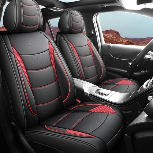 Car Seat Covers Full Set (5 Seats) Nappa Leather Airbag Compatible Waterproof for Sedans SUVs Trucks Heavy Duty Protection for Dogs and Work Black - color: Black & Red, size: Front & Rear