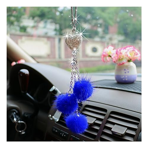 Ziciner Bling Diamond Heart Car Interior Accessories, Car Mirror Hanging Ornament for Women, Love Heart & Pink Plush Ball Decor Ornament Pendant (Dark Blue) - color: Dark Blue