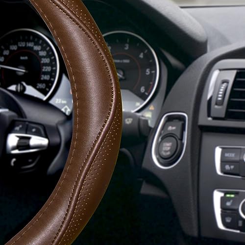 HAOKAY Top Grade Brown Genuine Leather Steering Wheel Cover Men Women, Luxury Steering Wheel Cover for Cars, SUVS and Trucks, Universal 14.5-15 inch - color: BROWN