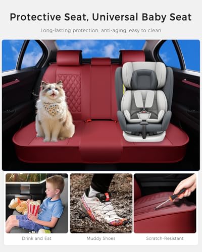 Huidasource Rear Car Seat Cover, Nappa Leather Rear Seat Cover Velcro Adjustable, Compatible with Seat Belts, Child Safety Seats, Universal Fit for Most Cars SUVs Trucks (Back Row/Red) - color: 01R# Red, size: Back Seat Cover