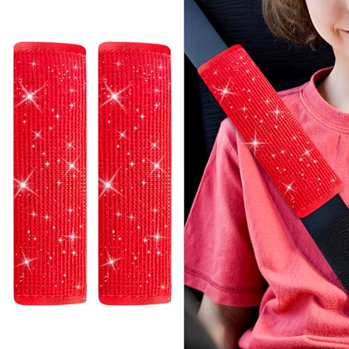 2PCS Bling Seat Belt Covers, Seat Belt Cover Pad, Crystal Diamond Car Seatbelt Cushion for Women, Automotive Interior Shoulder Neck Harness Protector Accessories for Car Truck SUV (Red) - color: Red