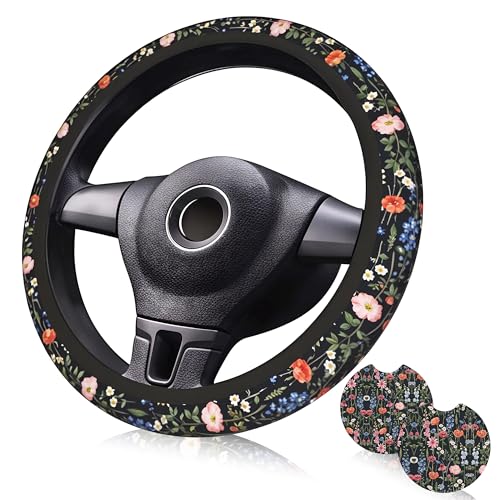 Wildflower Car Steering Wheel Cover - Multicolor Wildflower Steering Wheel Cover Anti-Slip Breathable Universal for 15 Inch Car 2 Pieces Coasters Suitable for Men Women - color: Wildflower