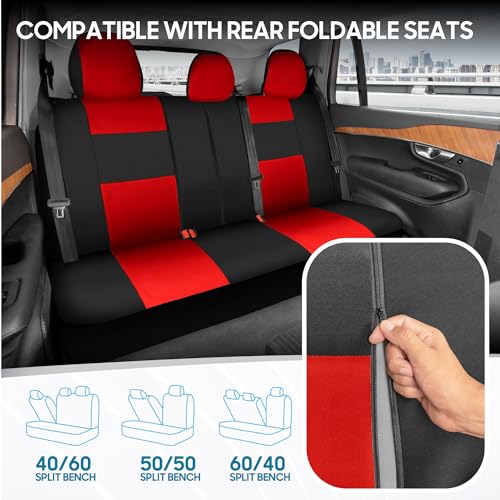 BDK PolyPro Car Seat Covers Full Set in Red on Black – Front and Rear Split Bench Seat Covers, Easy to Install, Accessories for Auto Trucks Van SUV - color: Red