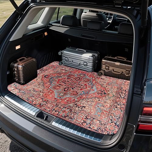 Universal Car Trunk Mat 29" x 39", Retro Red Pattern All Weather Trunk Protection Cargo Liner, Durable Cargo Mat Rear Trunk Liner, Stylish Vehicle Interior Accessories Suitable for Most Car Models - color: Retro Red Pattern