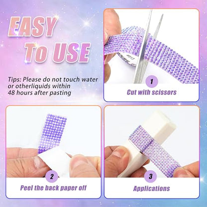 Self Adhesive Purple AB Rhinestone Ribbon Crystal Strips,Bling Christmas Resin Rhinestone Diamond Sticker for DIY Crafts,Wedding,Halloween Christmas Party(8 Rows of 6 Yards,Purple AB)