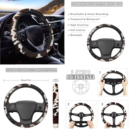 Wanyint Black Brown Cow Print 14 PCS Car Seat Cover Full Set with Steering Wheel Cover Seat Belt Strap Pads Cup Coasters Trash Bag Rearview Mirror Cover Armrest Cover Pad Handbrake Cover Set Car Decor - color: Black Brown Cow Print