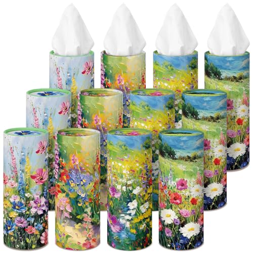 Fourluoo 12 Pack Oil Painting Flower Tissue Cylinder Holder Bulk with 3 Ply Facial Tissues Floral Round Napkin Holders Cylinder Colorful Travel Paper Tubes Bulk Napkin for Spring Travel Bathroom Decor - style: Oil Painting Flowers