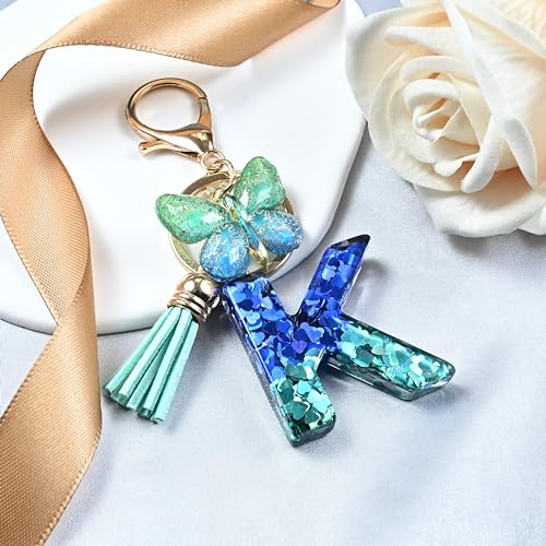 JINGUAZI Initial letter Keychains for Women Tassel Butterfly Pink Purple Cute Car Keychain for Wallet Backpack bag charm - color: K-blue Green