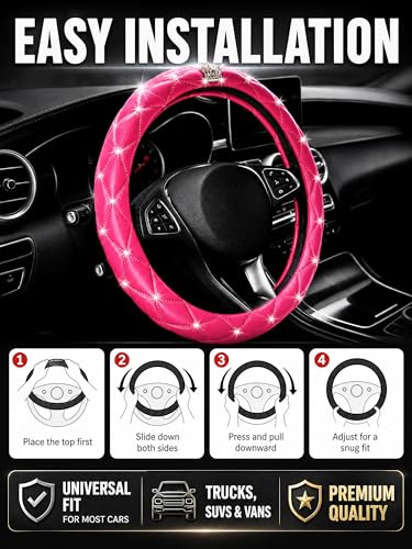 Bling Sparkly Crown Soft Leather Car Steering Wheel Cover For Women Girl,Bling Diamond Crystal Glitter Rhinestones Universal Fit 14.5in-15in Auto Wheel Protector for Suvs,Vans,Sedans,Cars (Crown-Pink) - color: Crown-Pink