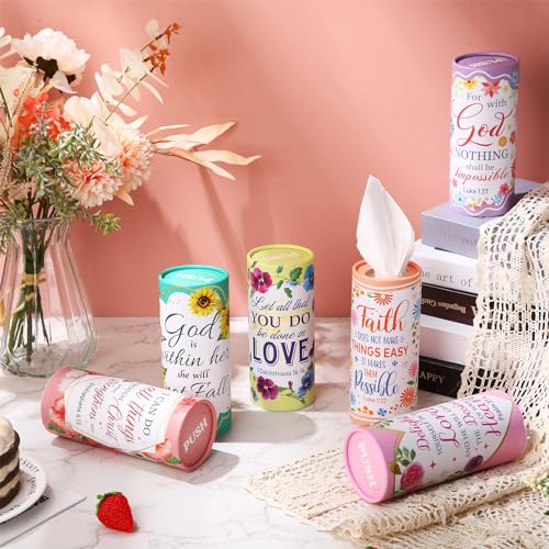 Outus 12 Pack Floral Christian Car Tissue Holder Cylinder with 3 Ply Facial Napkin Refillable Round Tube Tissue Boxes Container for Car Cup Holder SUV Home Office Travel Religious Bible Verse Gift - style: Flowers, Bible Verse