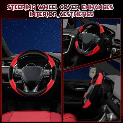 Soft Leather Steering Wheel Cover with Breathable Design and Anti-Slip Grip, Specially Designed for 14.5-15.2 inch Circular Steering Wheels - color: DOUBLE-RED