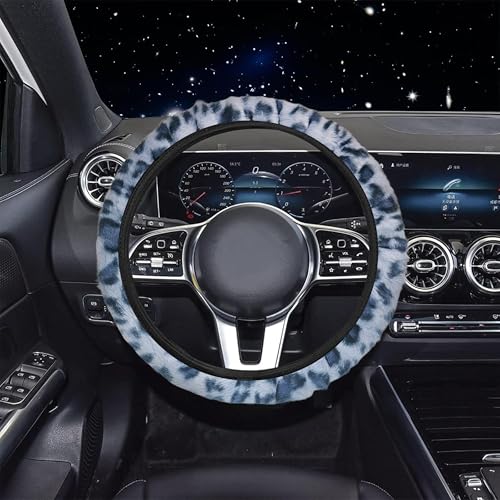 19 Pcs Fluffy Car Accessories Set,Fluffy Plush Leopard Print Steering Wheel Covers,Plush Head Pillow,Pillowcase,Eyeglasses Clip,Car Accessories for Women. (Black&Grey)